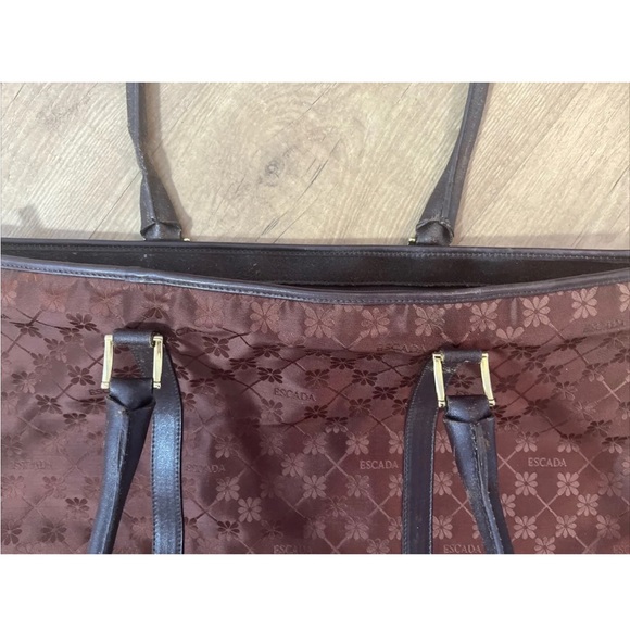 Vintage Escada Tote Bag Purse Canvas Leather Trim Brown Embossed Daisy Flower - Picture 6 of 10